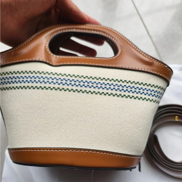 Marni Mini Canvas Tote with Tan Leather Trim and Red Logo - Picture 7 of 9